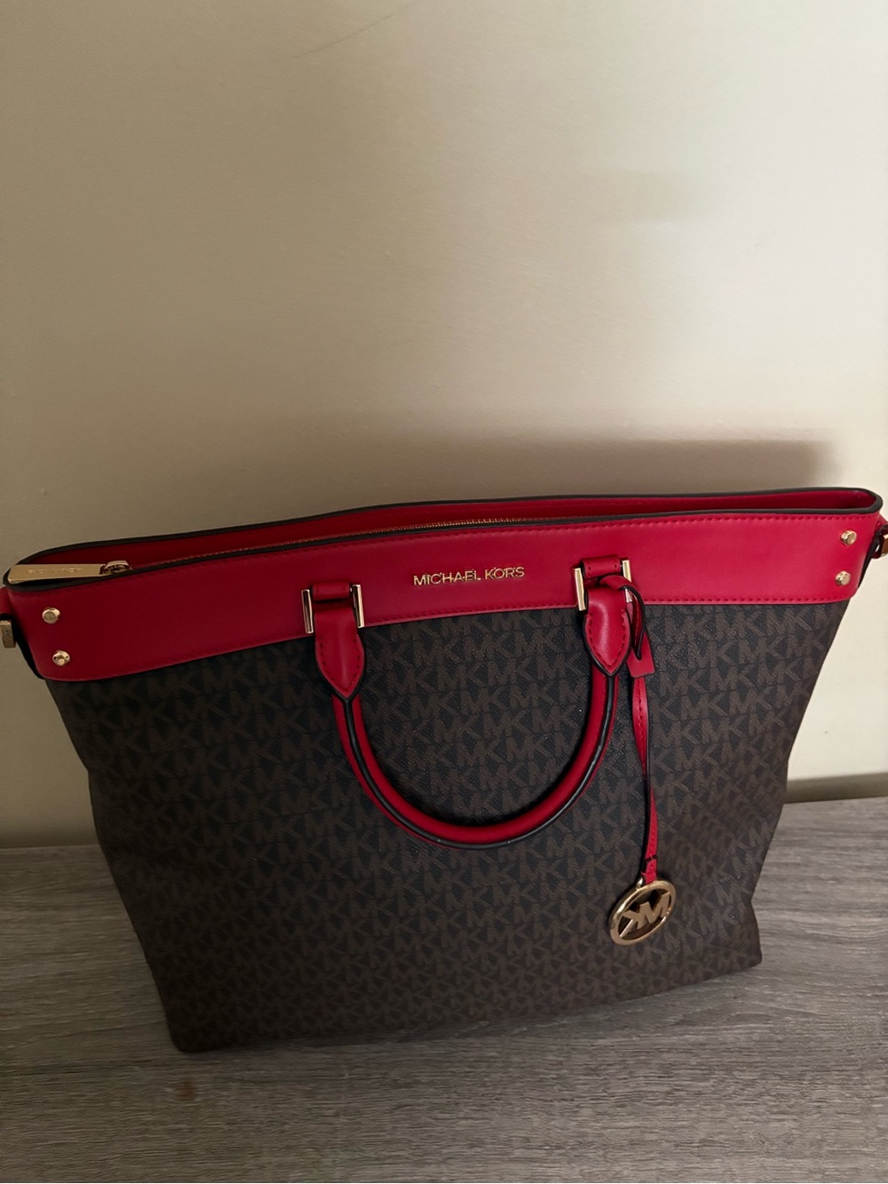 Michael Kors Brown Monogram Tote with Red Trim